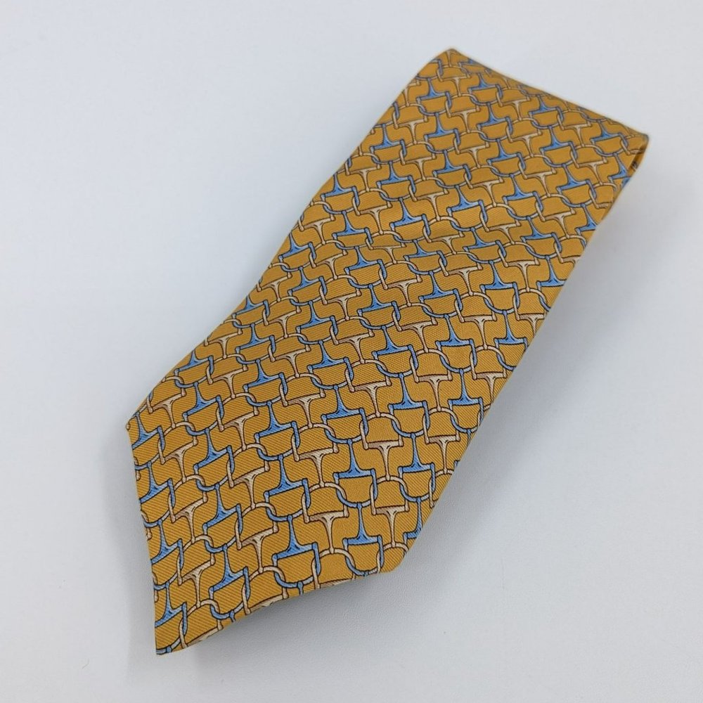 Brooks Brothers Makers Tie Mustard Gold Blue Pure Silk USA Made Chain Bit Print